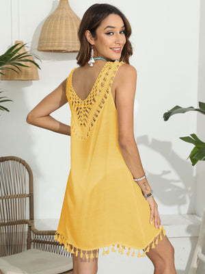 Yellow crochet yoke tassel beach dress with V-neck and fringed hem