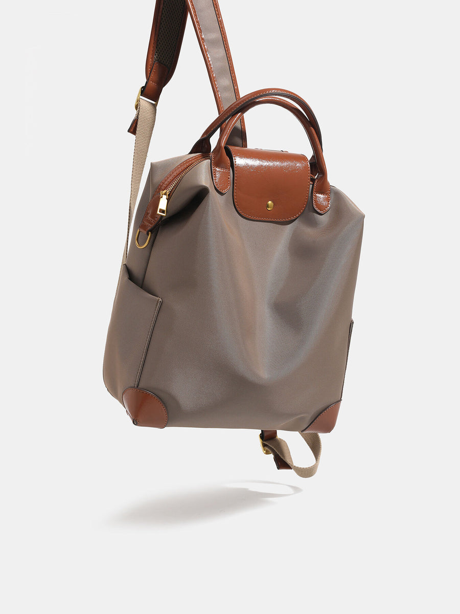 Leather Trim Medium Backpack Bag in brown with top handle