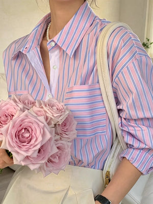 button-down shirt featuring striped in Pink with 100% polyester Care instructions: Machine wash cold texture