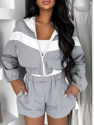 Zip Up Long Sleeve Outerwear And Shorts Set in Light Gray