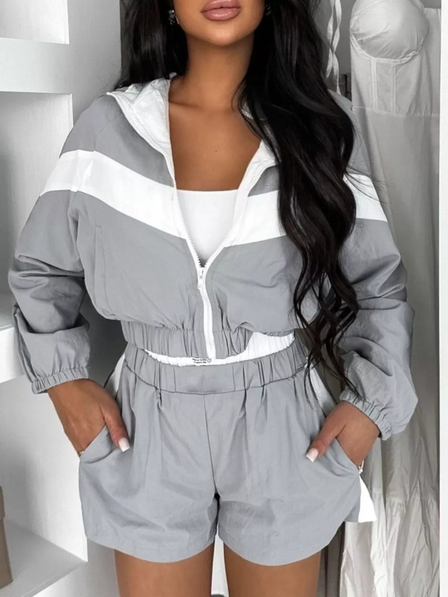 Zip Up Long Sleeve Outerwear And Shorts Set in Light Gray