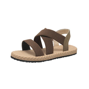 Brown crisscross elastic summer sandals with a braided sole detail.