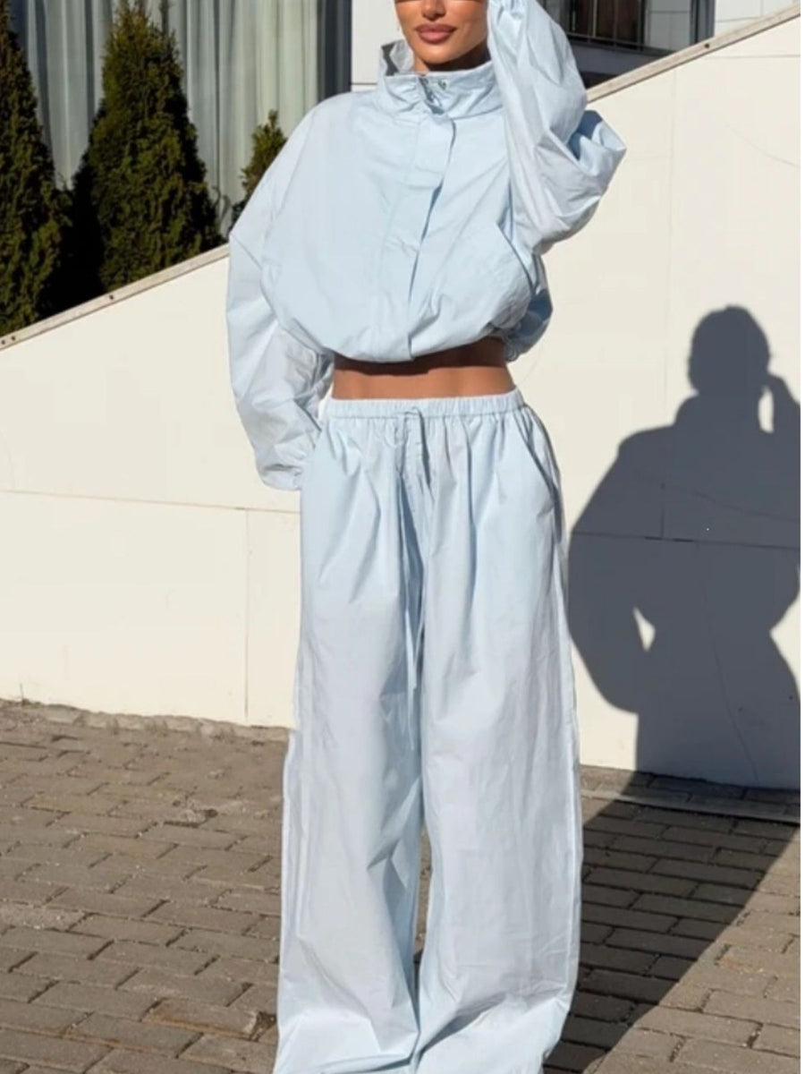 Drawstring Hem Crop Jacket And Wide-Leg Pant Set in Green with ruched