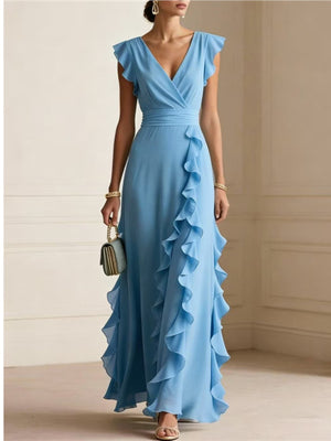 Ruffled Surplice Sleeveless Maxi Dress in Apricot with ruffled