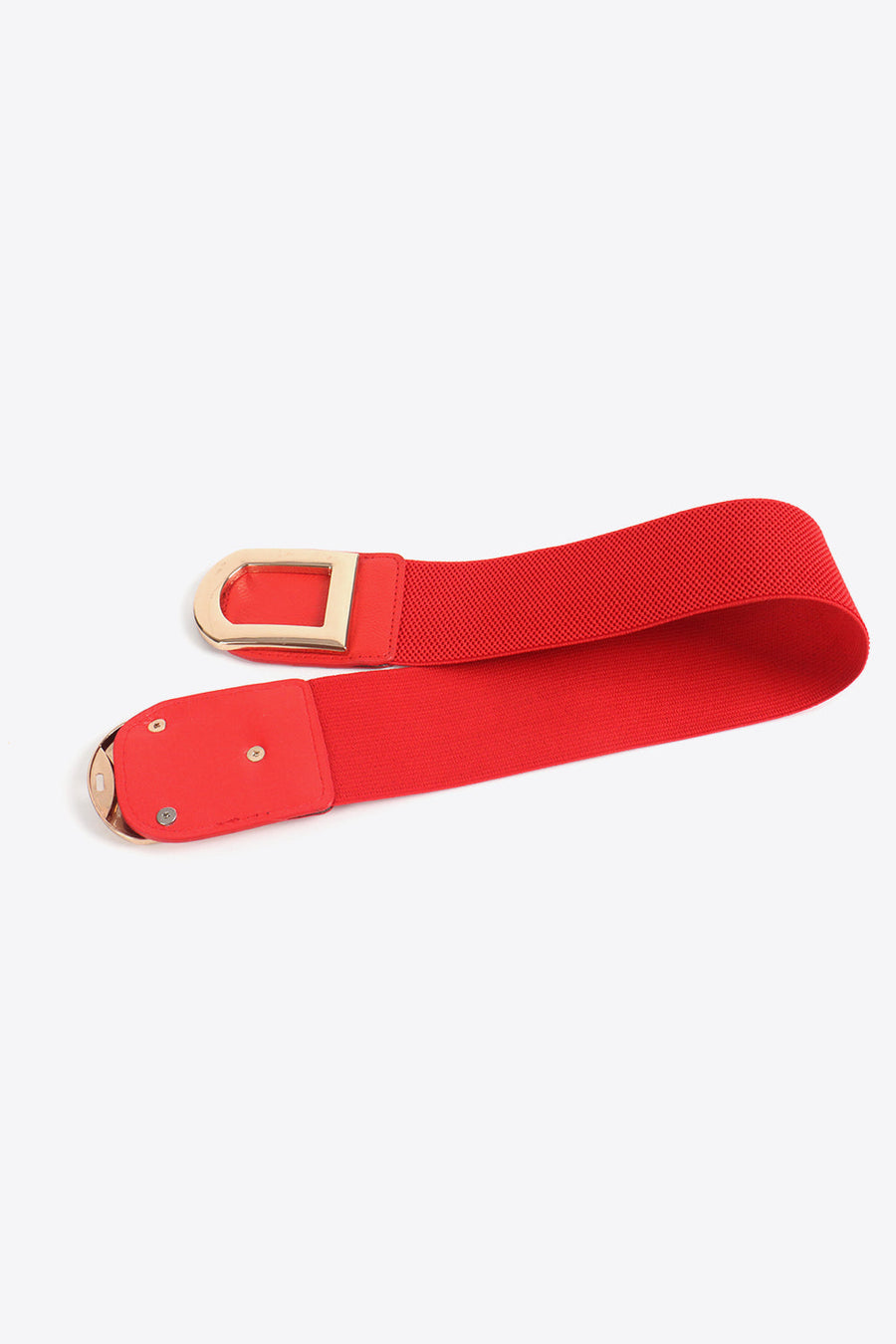 Red elastic belt with double gold buckles and faux leather accents