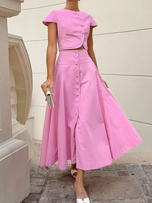 Cap Sleeve Button-down Crop Top And Midi Skirt Set in blush pink with buttoned