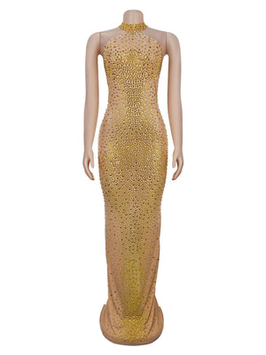glam formal gown in nude with mock neck