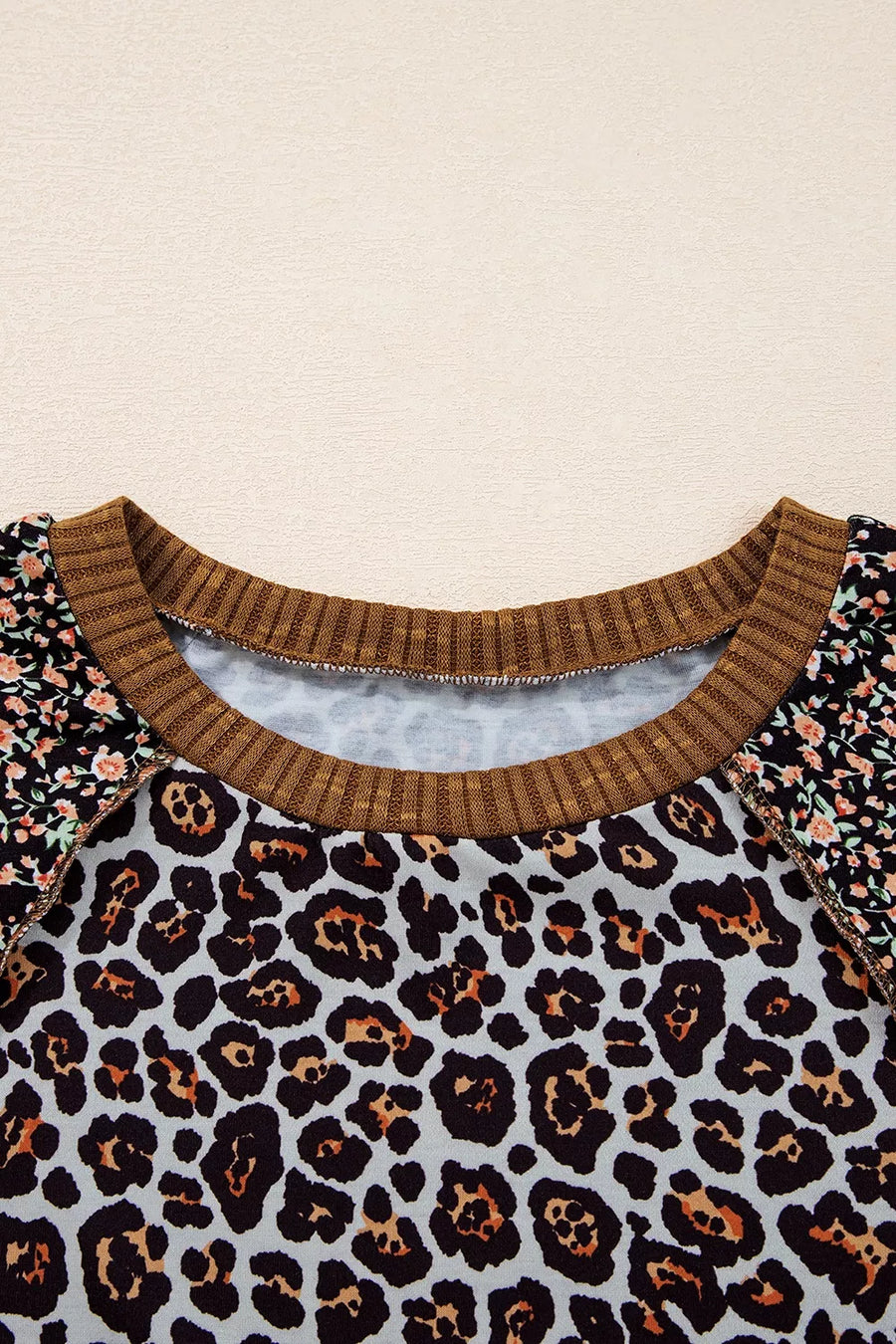 Leopard Floral Print Ribbed Puff Sleeve Sweatshirt option 7