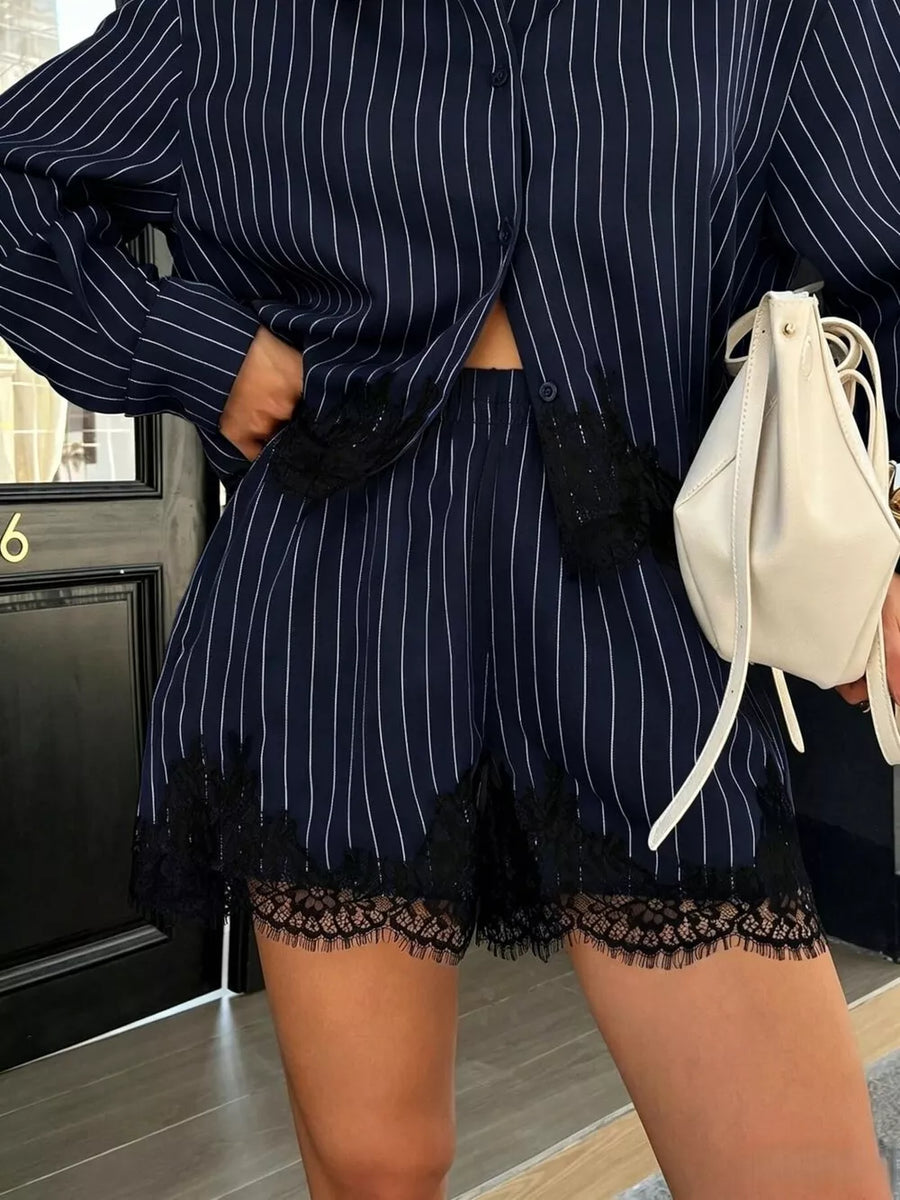 pajama set in Navy Blue with buttoned and cropped