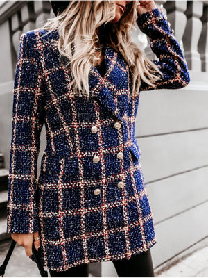 black overcoat with button-front and houndstooth