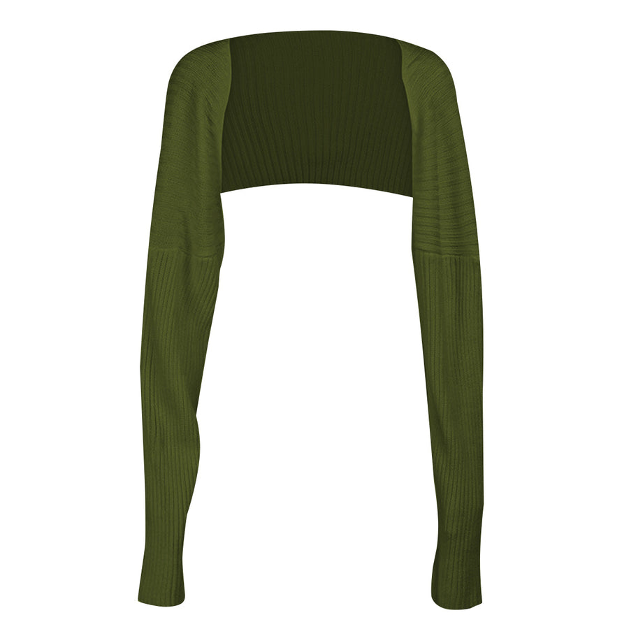 Army green ribbed knit shrug with extended sleeves and a cropped fit