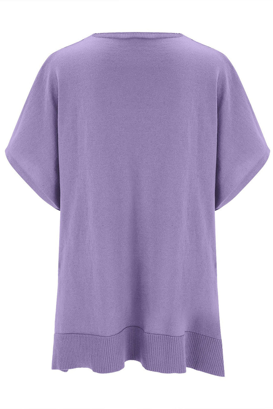 Relaxed V-neck knit poncho top in Lavender with short sleeves and ribbed hem.