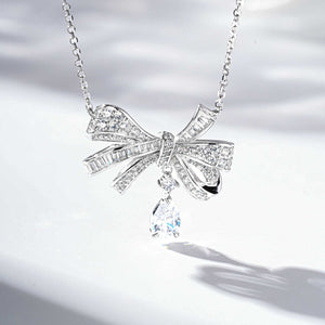 925 Sterling Silver Zircon Bow Teardrop Necklace in clear with bow design