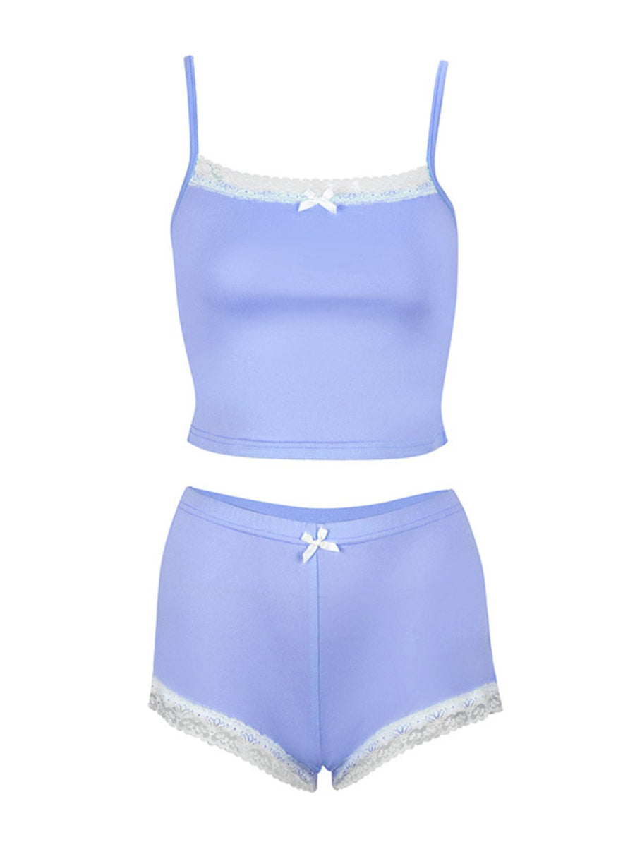 Blue purple cami and shorts set with lace trim and bow detail
