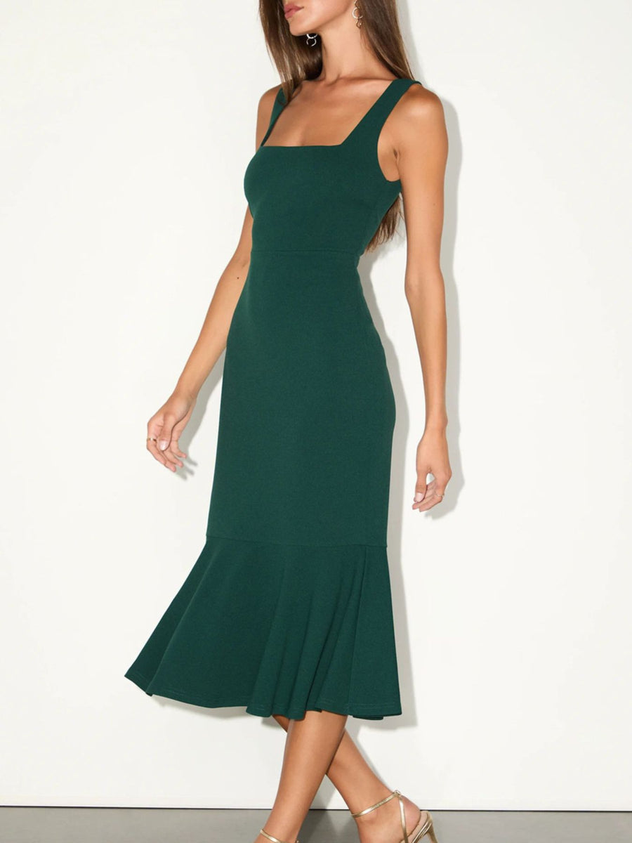Blue flared midi dress with square neck
