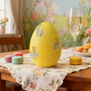 Yellow Easter egg decor with glitter bunny cutouts and floral table runner.