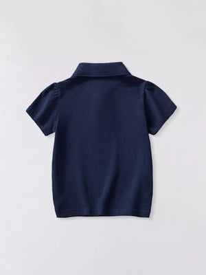 Navy blue short sleeve polo shirt with puffed sleeves and a classic collar.