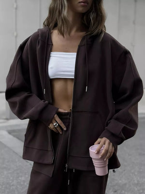 Oversized Zip-up Hoodie And Wide-leg Pants Set in Brown, view 14