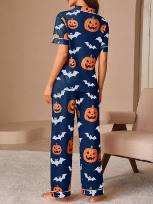 Orange pajama set with hip-length, full-length and button-front, elastic