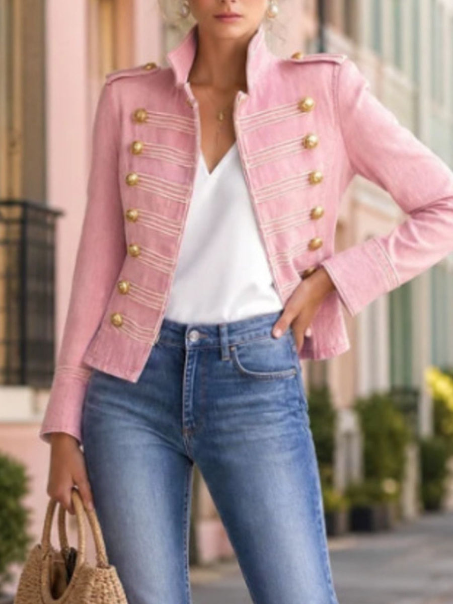 95% polyester, 5% elastane Care instructions: Machine wash cold denim jacket in blush pink with fitted silhouette