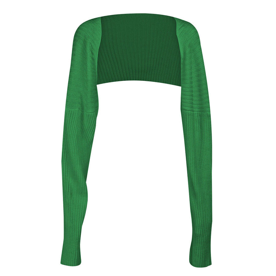 Ribbed knit shrug in Army Green with extended sleeves and a cropped fit.