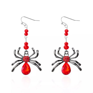 Red earrings with hook-and-eye and spider motif