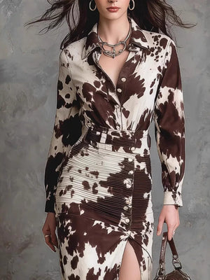 chocolate brown shirt dress featuring buttoned and cow-print