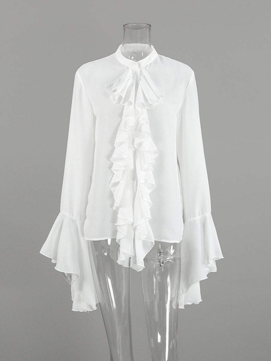 White ruffled flounce sleeve blouse with a high neckline and buttoned front.