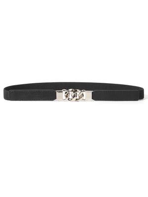 Black faux leather belt with silver chain detail and silver buckle.
