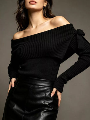 Brown off-shoulder top with pullover and ribbed