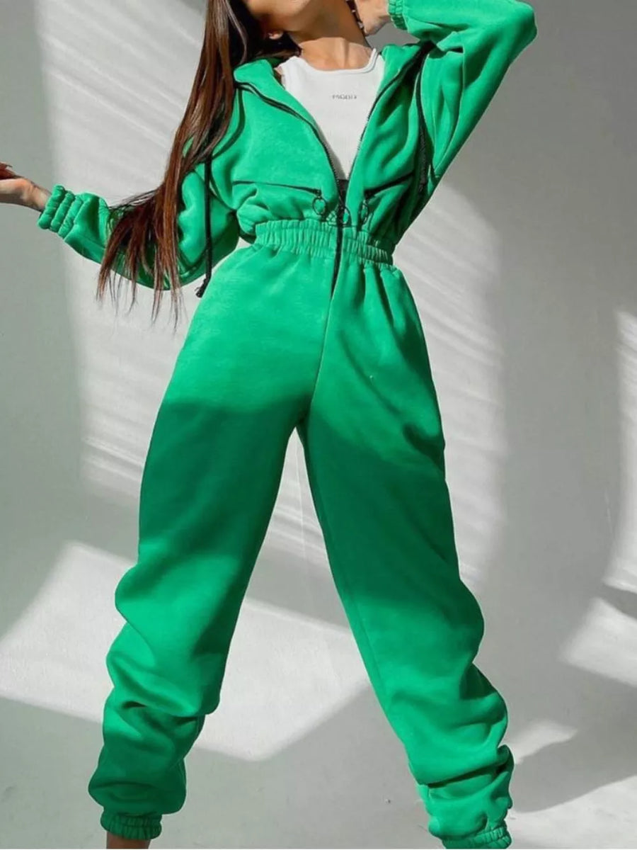athleisure jumpsuit in Apricot with hooded
