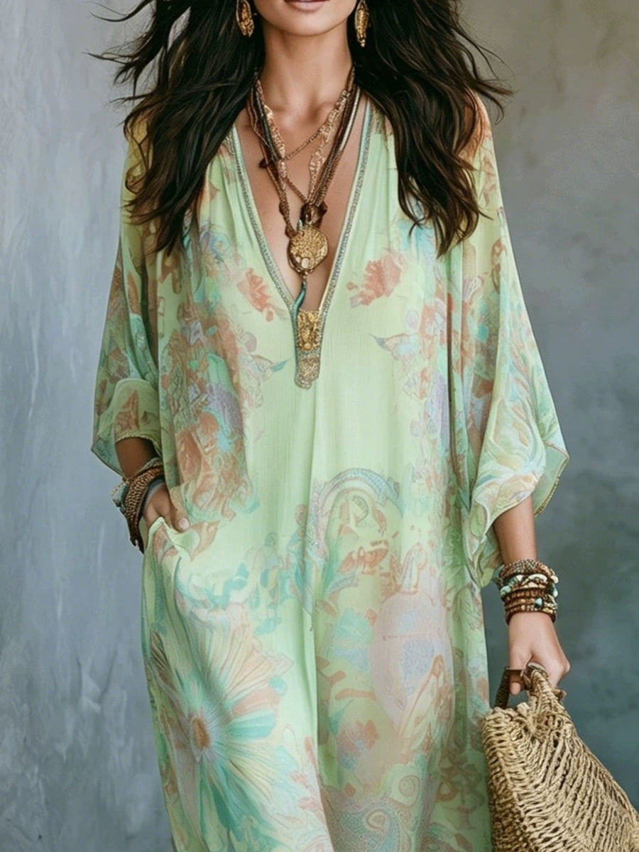 Beige maxi dress with pullover and floral