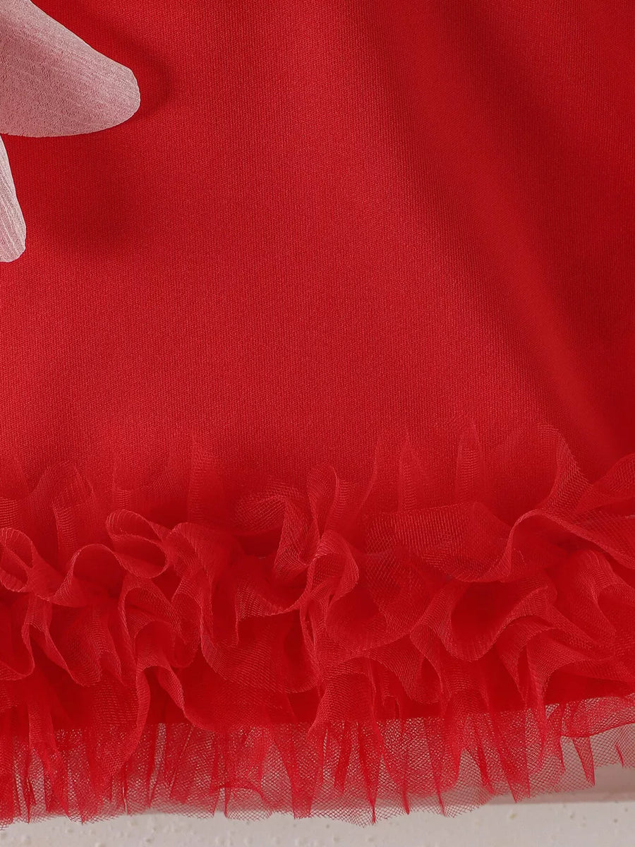 Red with Children's Flower Sleeveless Round Neck Dress in Red