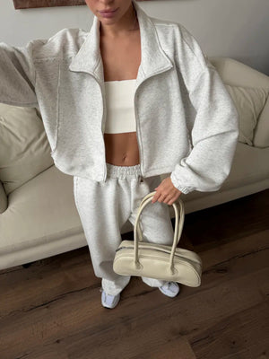 light grey lounge set with cropped and zip-front