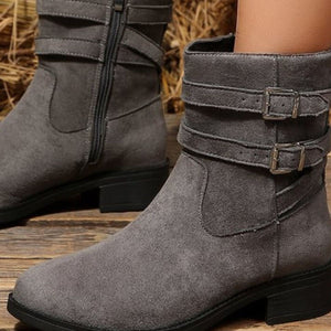 Buckle Round Toe Block Heel Boots in gray with round toe