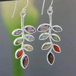 Gemstone leaf drop earrings in multicolor alloy with botanical design.