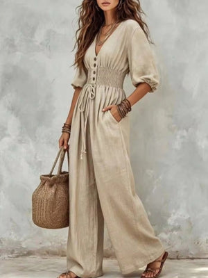 bohemian jumpsuit in Army Green with v-neck
