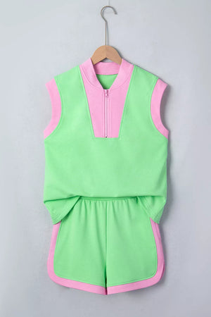 Neon Green Color Block Half Zip Top & Shorts Set
