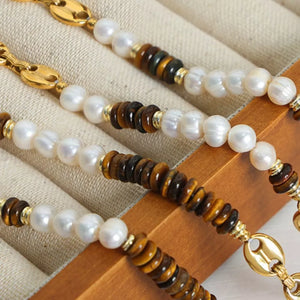 Tiger's Eye Freshwater Pearl 18k Gold-plated Necklace in ivory with beaded