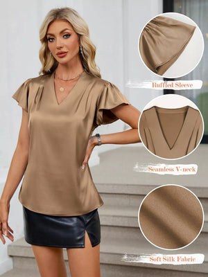 Khaki satin V-neck blouse with flutter sleeves and a seamless neckline.