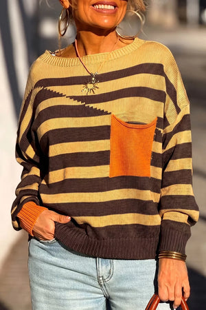 dark brown pullover sweater featuring pocketed and striped