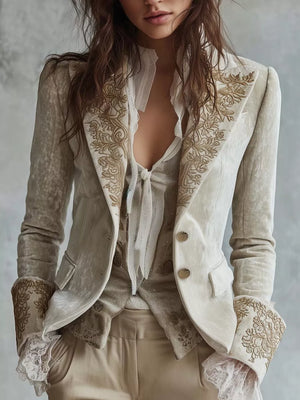 cream blazer with floral and notch lapel