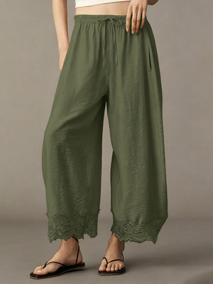 Yellow wide-leg pants with ankle-length and drawstring