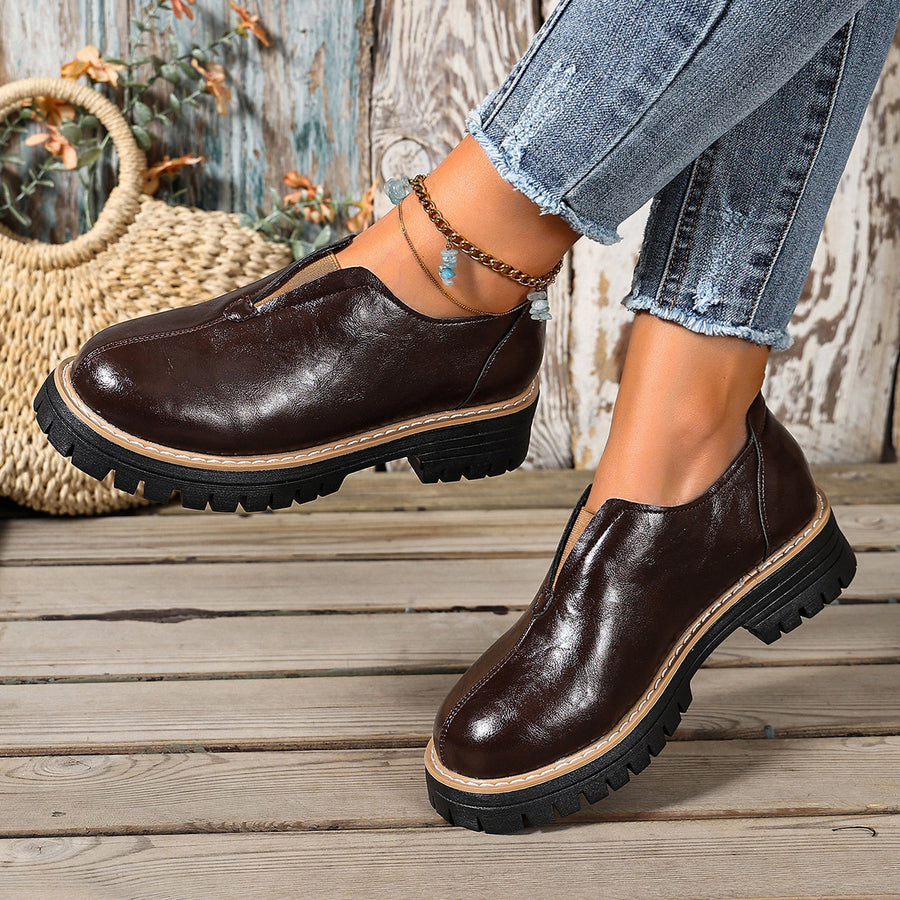 Leather Round Toe Slip-On Loafers in Brown with round toe