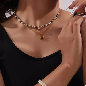 necklace featuring beaded in white with 18K Gold-Plated, Natural stone, Titanium Steel, Tiger& texture