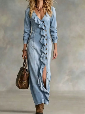 romantic maxi dress in light blue denim with v-neck