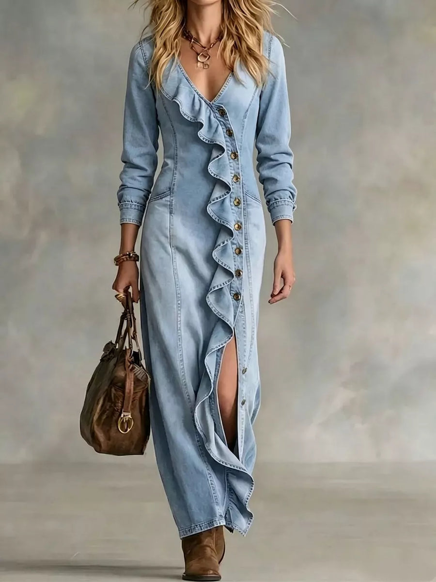 romantic maxi dress in light blue denim with v-neck