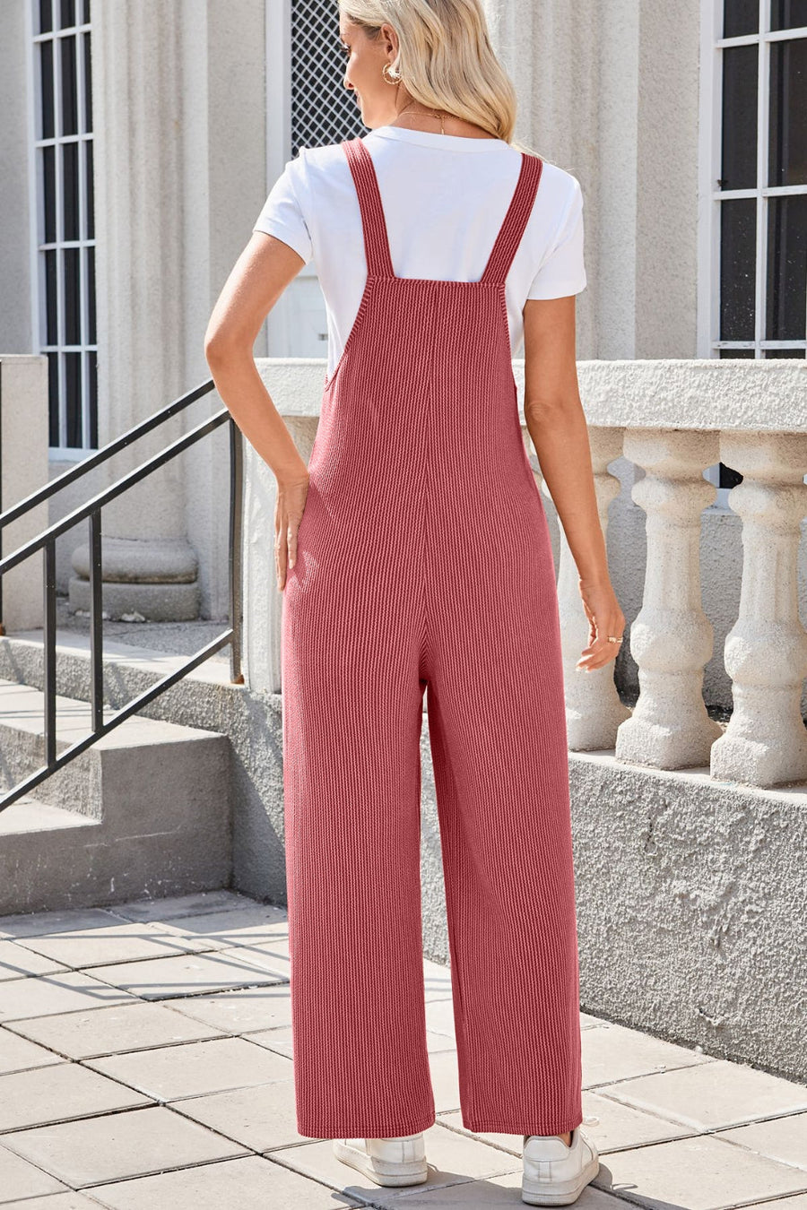 Striped wide-leg overalls in Strawberry, featuring patch pockets and a casual fit.