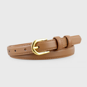 Caramel leather belt with a gold buckle and stitched detail.