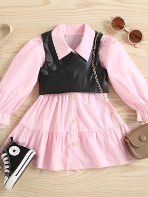 Toddler pink button front dress with tiered skirt and black cropped vest